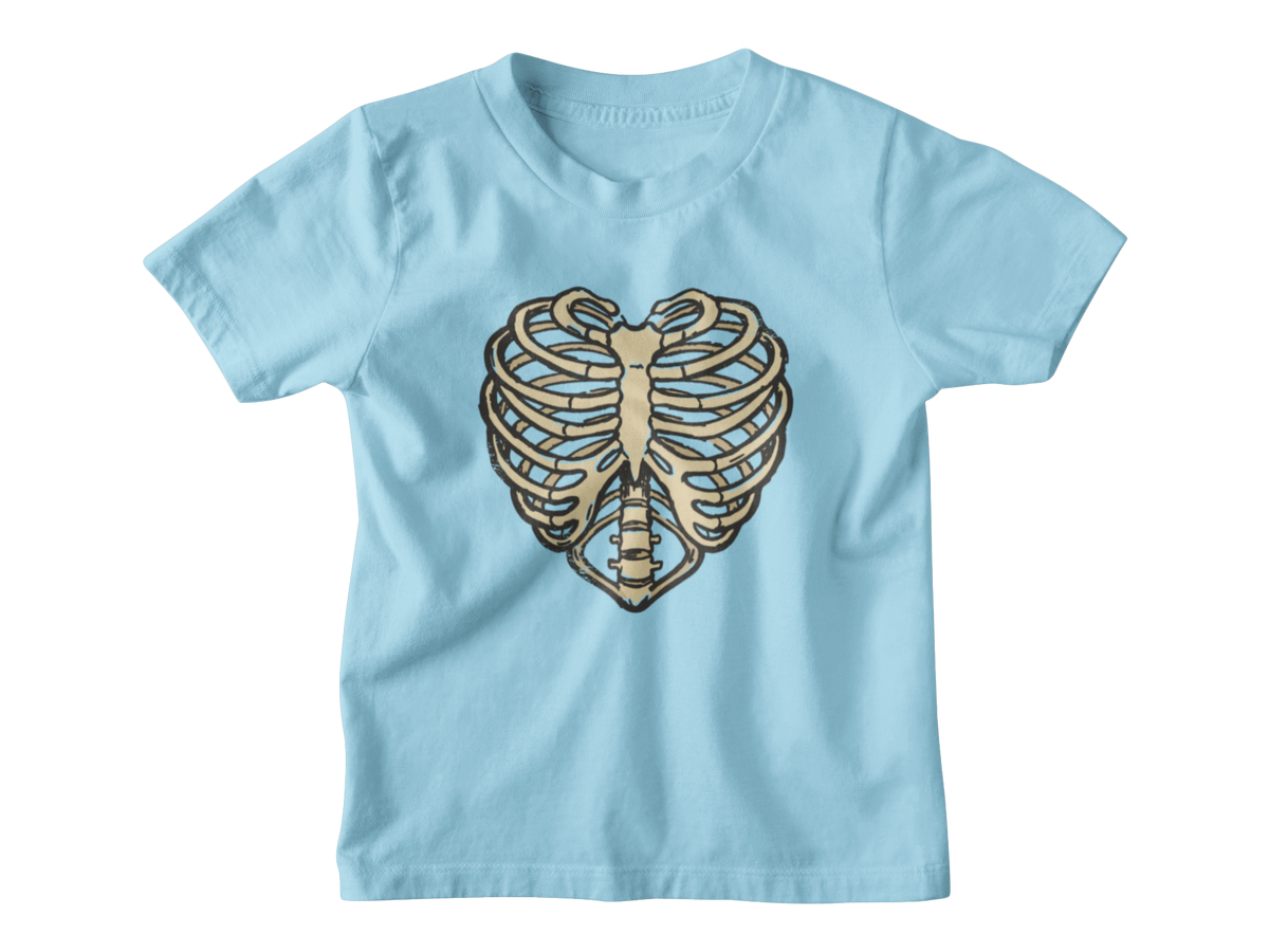 A light blue kids crewneck shirt featuring a skeleton ribcage heart for Valentine&