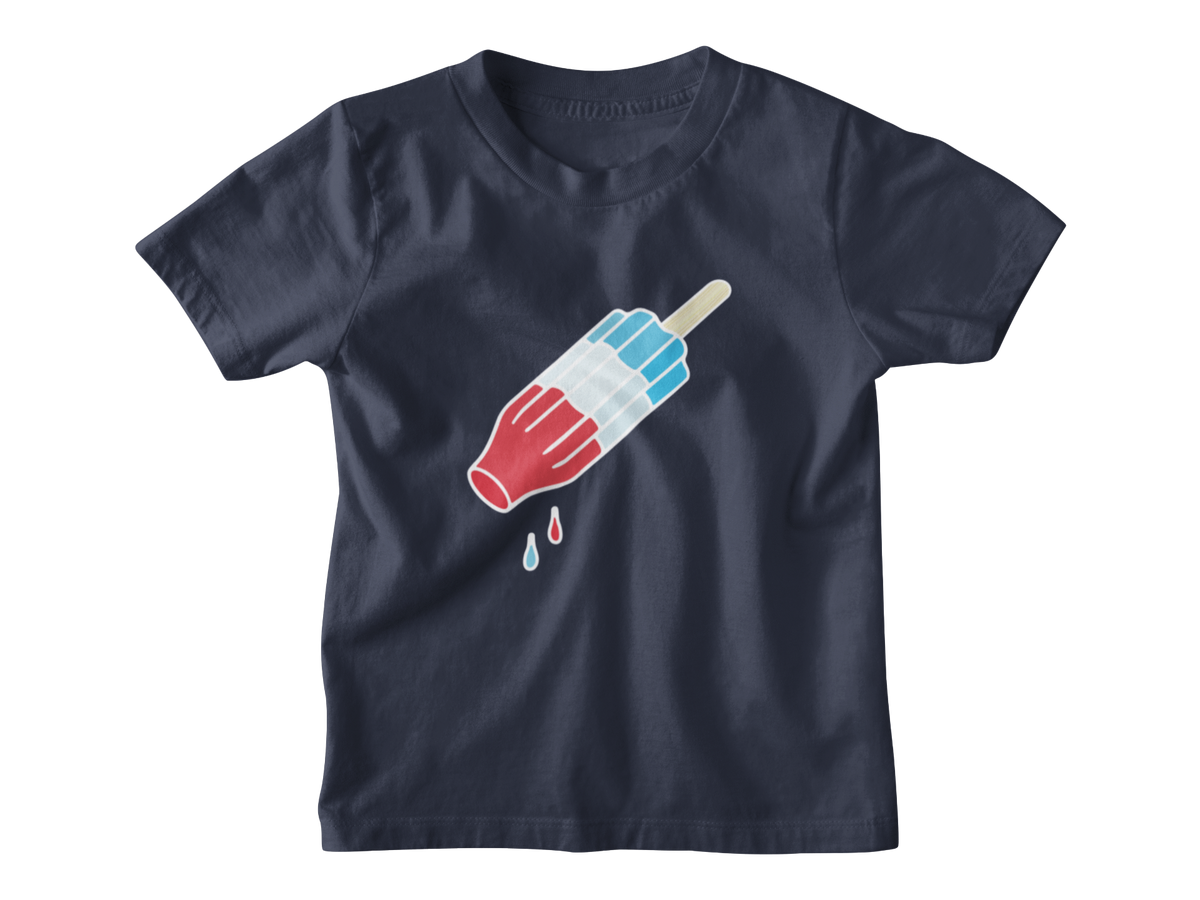 A navy blue short-sleeve kids crewneck t-shirt featuring a graphic of a rocket popsicle with blue and white stripes for 4th of July.