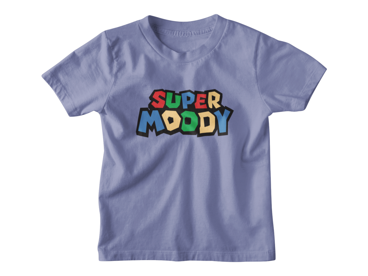 A violet short-sleeve kids t-shirt with a colorful graphic on the chest that reads &