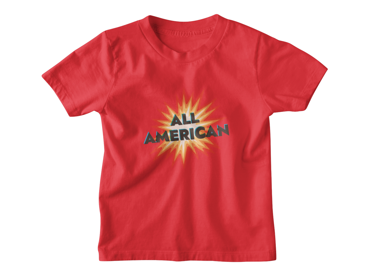 A red short-sleeve kids t-shirt with a graphic on the chest featuring a 4th of July firework with the text &