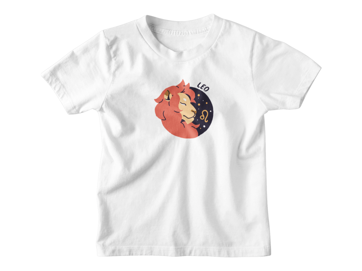 A white short-sleeve crewneck t-shirt featuring a cartoon graphic of a Leo zodiac sign, showing a sleeping orange lion resting on a dark blue crescent moon with stars and the text &