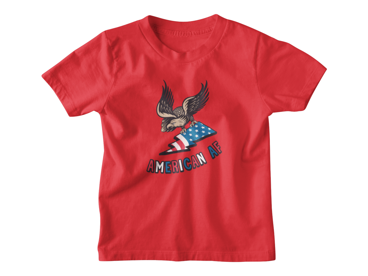 A red short-sleeve t-shirt with a graphic of an eagle holding an American flag and the text &