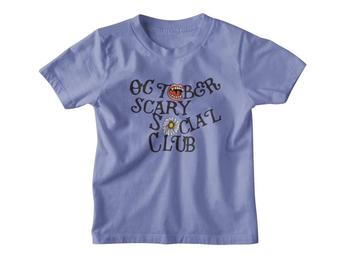 A violet kid short-sleeve t-shirt with a graphic on the front that reads &
