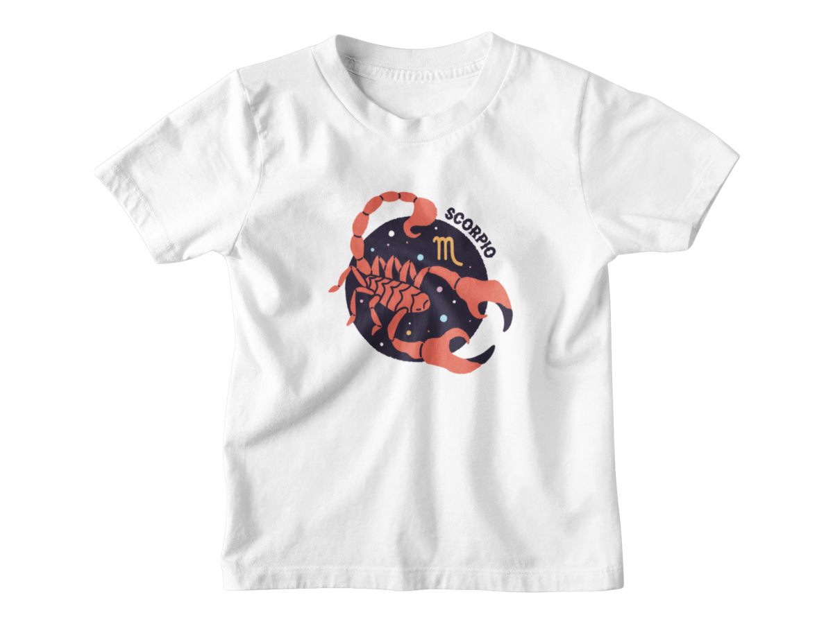 A white short-sleeve kids astrology t-shirt with a graphic of a scorpion inside a starry circle, featuring the word &