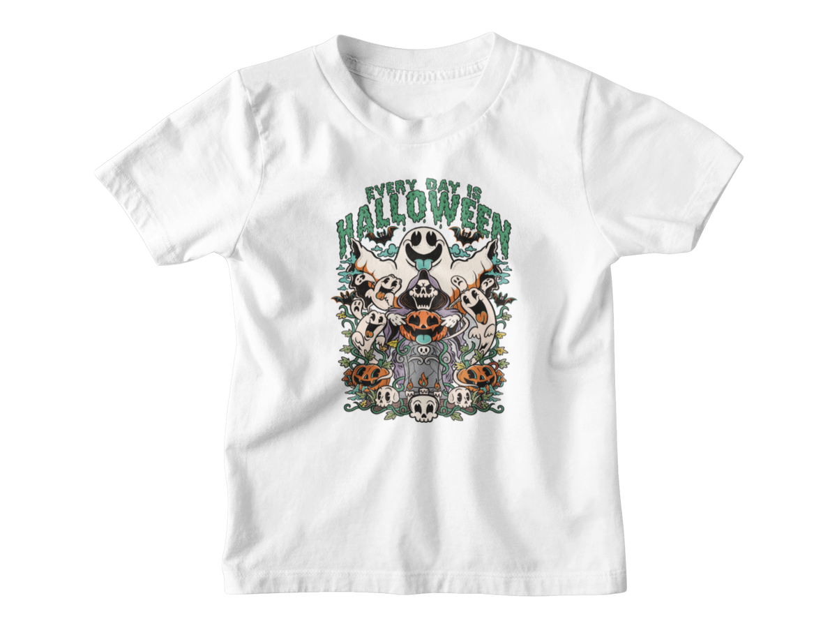A short-sleeve kid t-shirt in white featuring a colorful Halloween graphic on the front with skulls, ghosts, pumpkins, and the phrase &