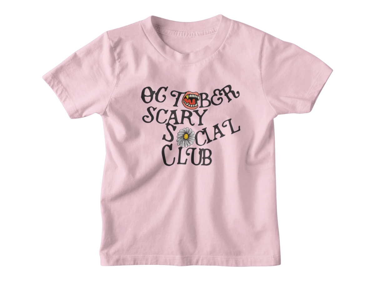 A pink kid short-sleeve t-shirt with a graphic on the front that reads &
