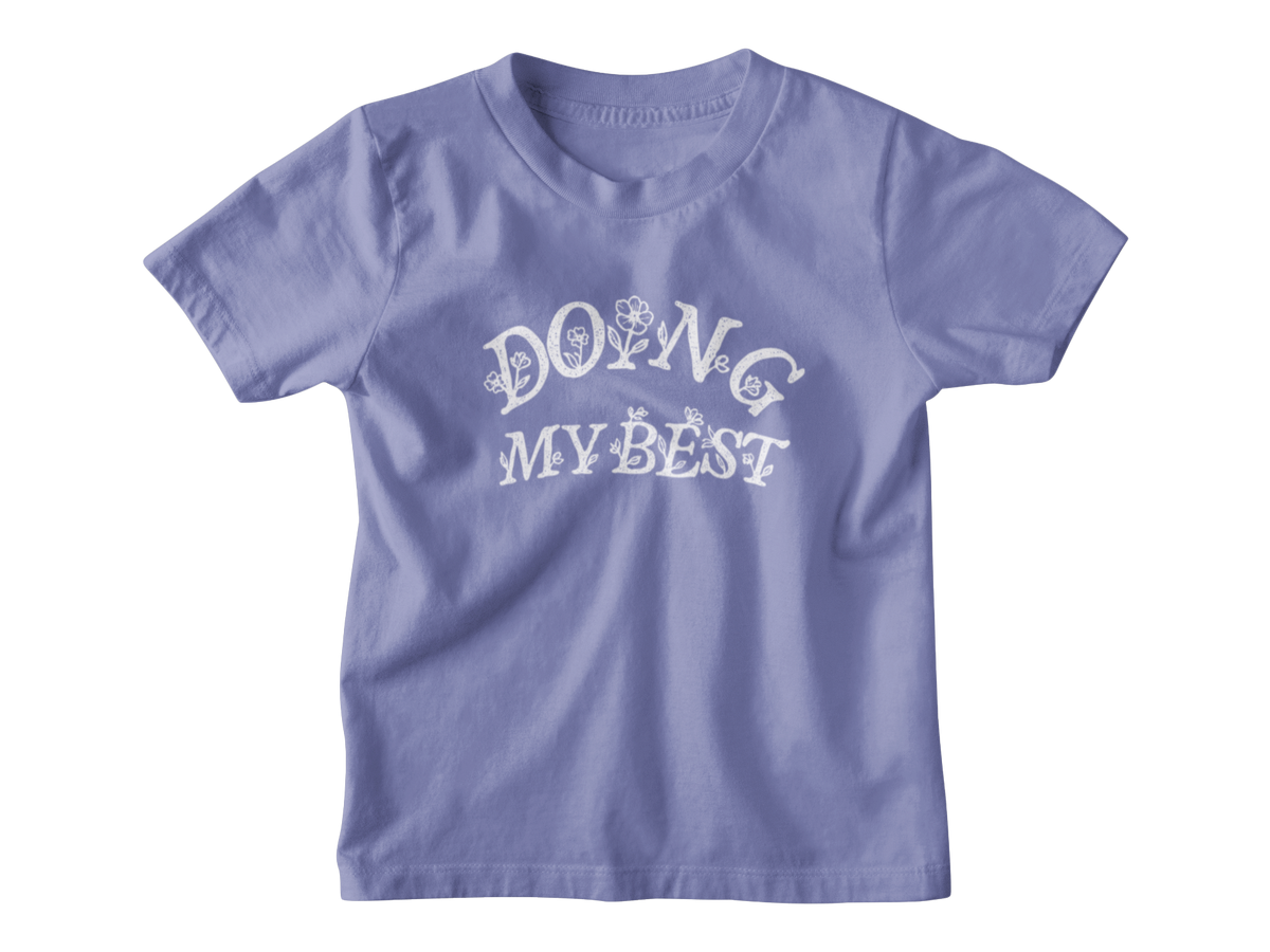 A violet kids short-sleeve crewneck t-shirt with a white graphic text print reading &