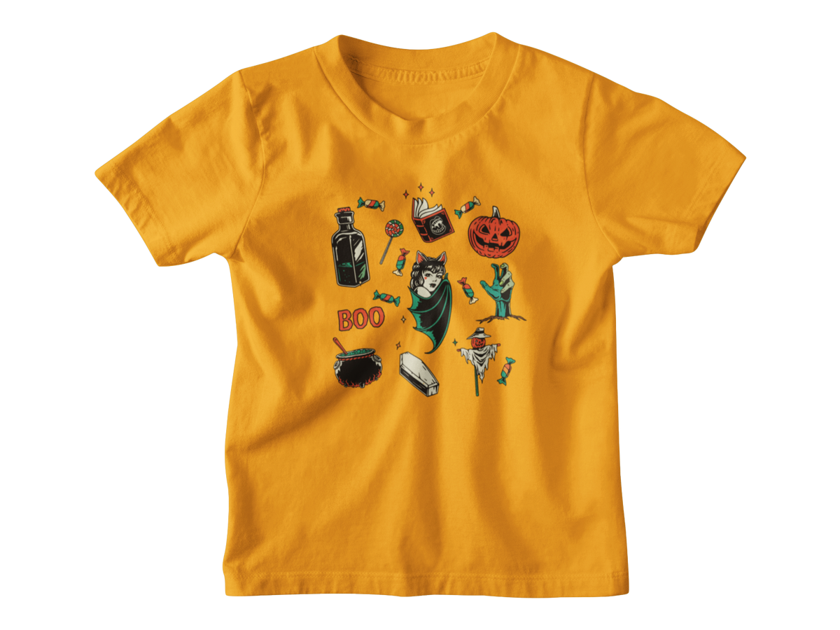 An orange kids short-sleeve t-shirt with a central graphic collage of various Halloween-themed illustrations, including a jack-o&