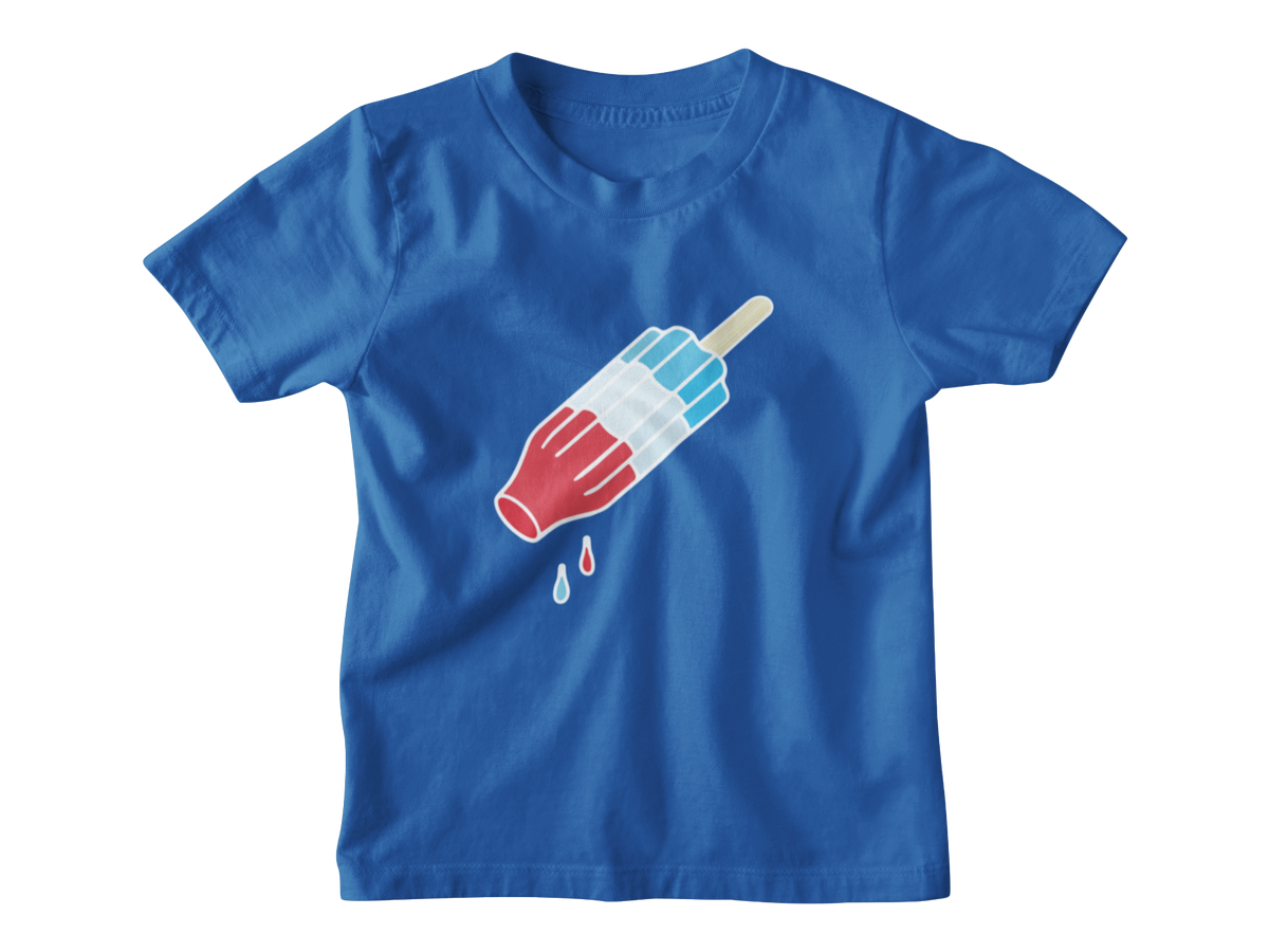 A blue short-sleeve kids crewneck t-shirt featuring a graphic of a rocket popsicle with blue and white stripes for 4th of July.