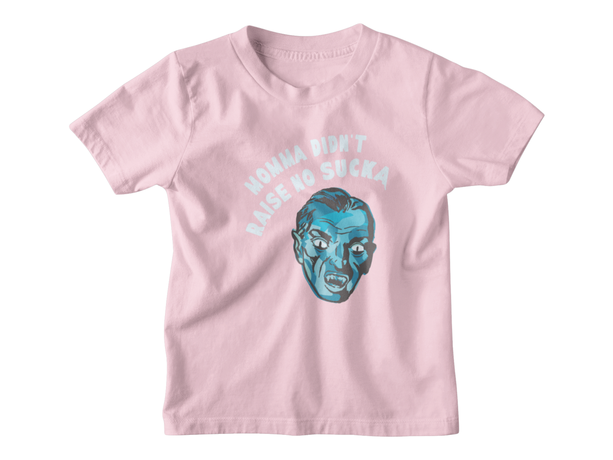 A pink short-sleeve Halloween kids t-shirt with a graphic of a vampire and the text &