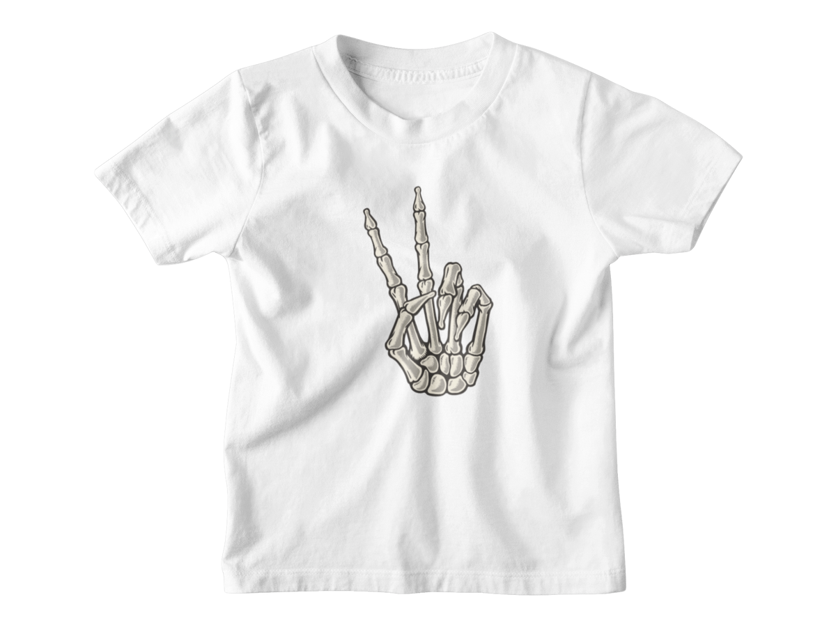 A white short-sleeve crewneck kid t-shirt featuring a Halloween graphic of a skeletal hand making the middle finger, displayed on a clean white background.
