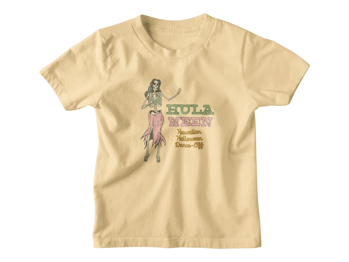 A yellow short-sleeve kid t-shirt with a graphic on the front showing a hula dancer and the text &
