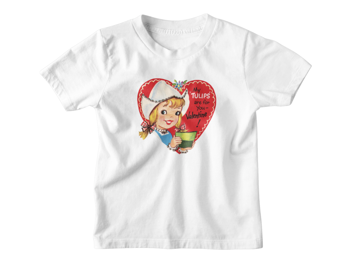 A white short-sleeve kids t-shirt with a vintage-style red heart Valentine with the text &