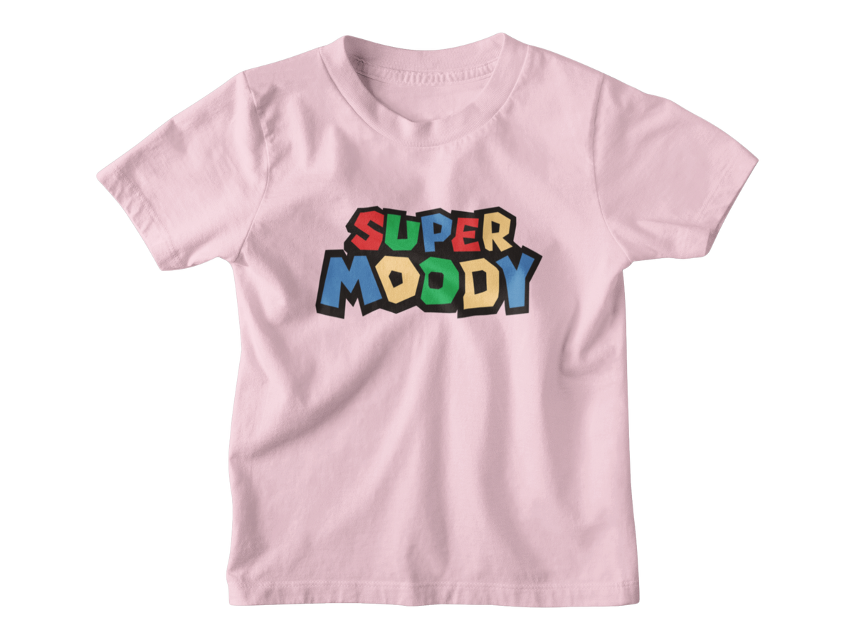 A pink short-sleeve kids t-shirt with a colorful graphic on the chest that reads &