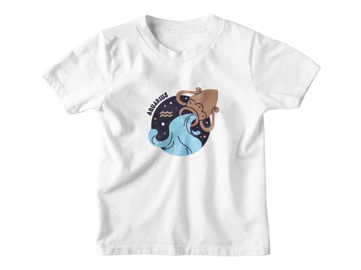 A white short-sleeve kids t-shirt with a central graphic of the Aquarius zodiac sign.