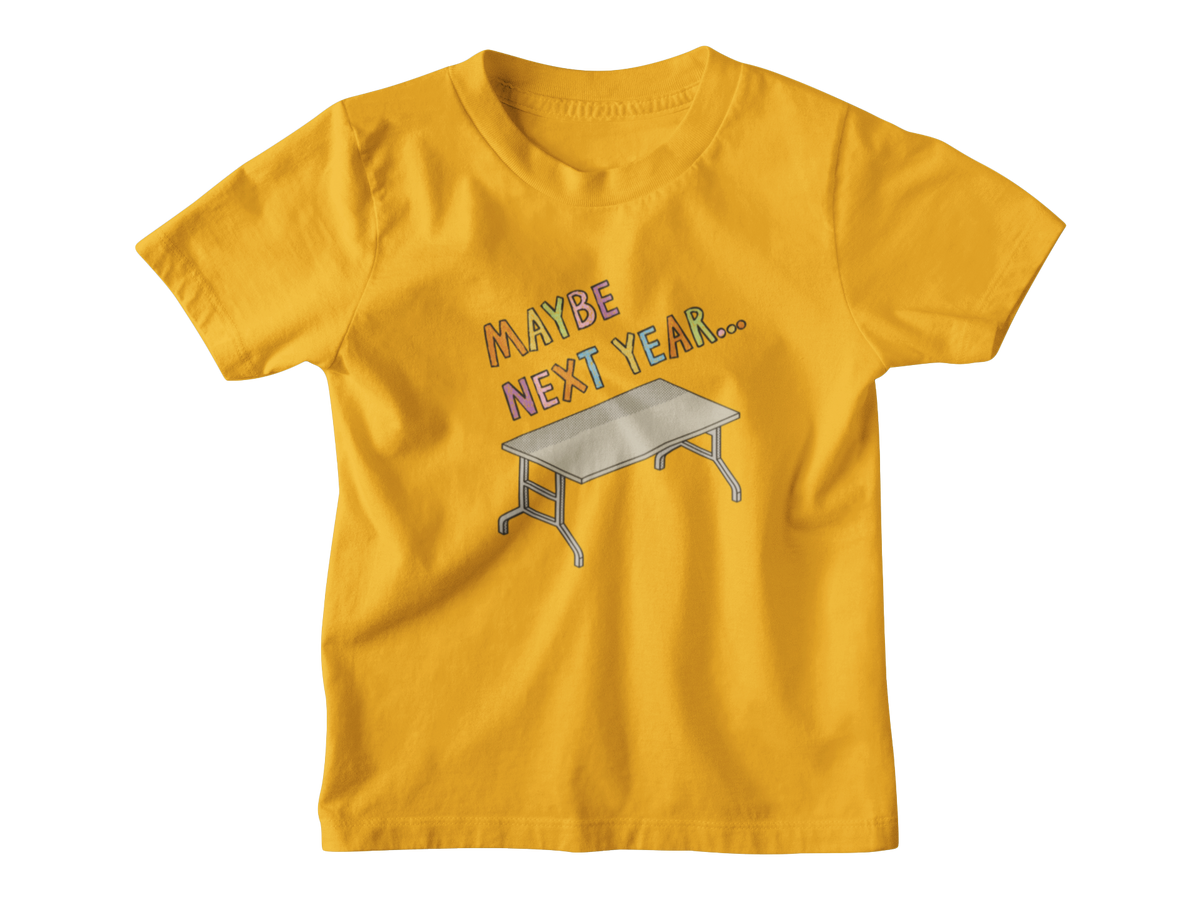 A yellow short-sleeve kids t-shirt with a graphic print on the front that reads &