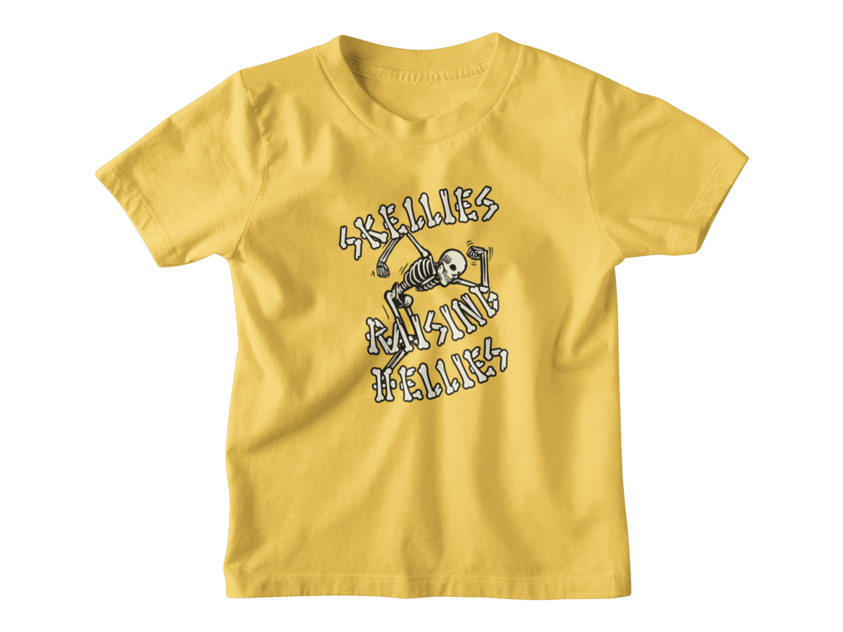 A yellow short-sleeve crewneck kid t-shirt featuring a graphic print of a Halloween skeleton and the text &