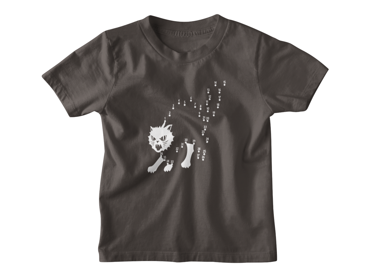 A dark brown short-sleeve crewneck kids t-shirt featuring a white graphic of a Halloween cat to connect the dots.