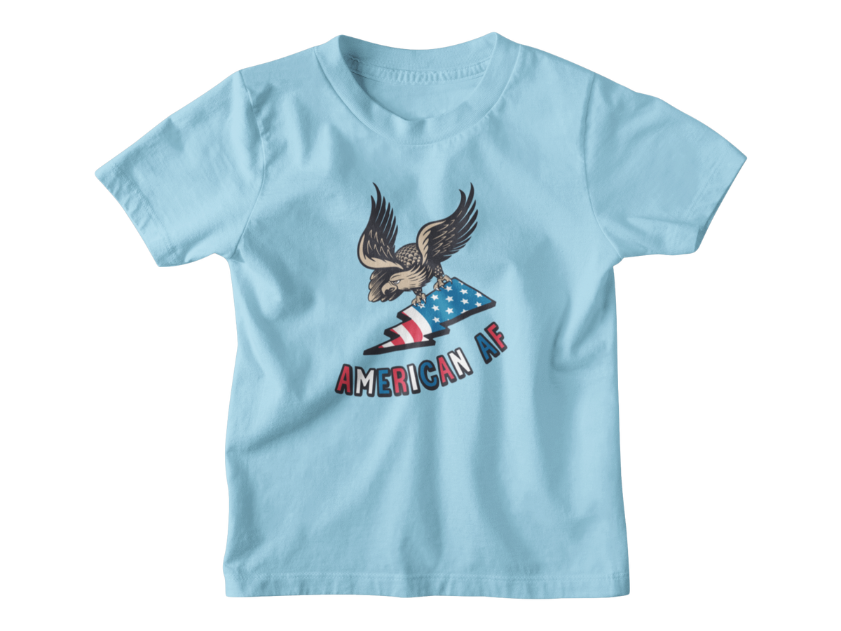 A sky blue short-sleeve t-shirt with a graphic of an eagle holding an American flag and the text &