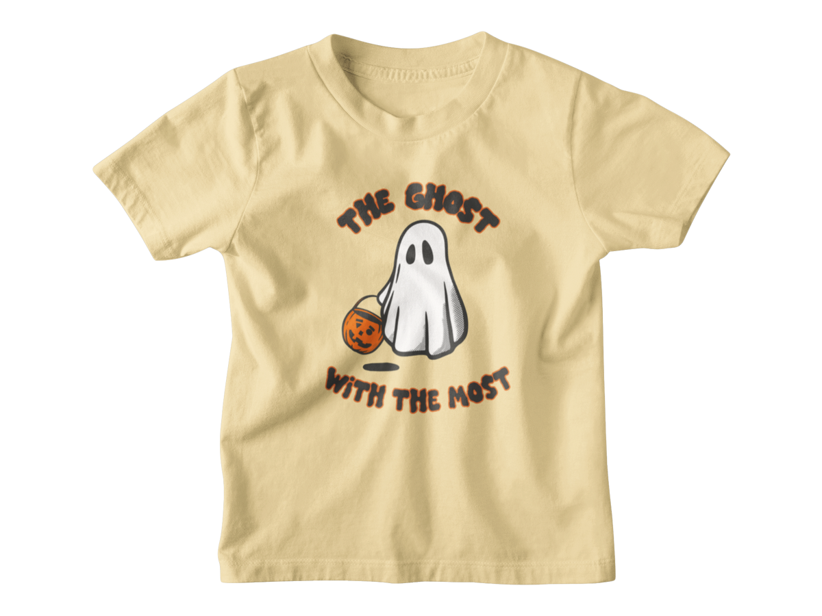 A light yellow short-sleeve t-shirt with a cartoon graphic of a ghost holding an orange jack-o&
