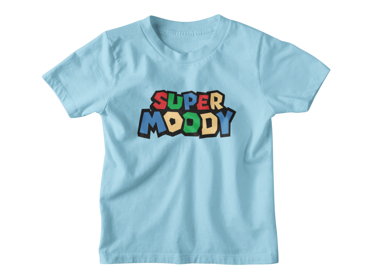 A blue short-sleeve kids t-shirt with a colorful graphic on the chest that reads &