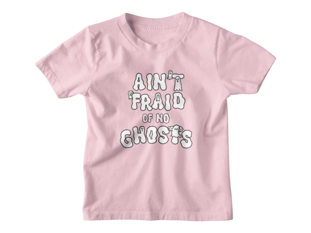 A light pink short-sleeve t-shirt with a white graphic text print that reads &