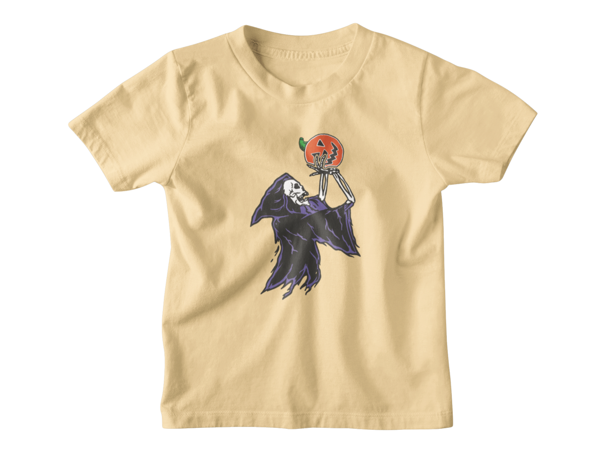 A light beige short-sleeve t-shirt with a graphic of a skeleton in a dark cloak holding a jack-o&