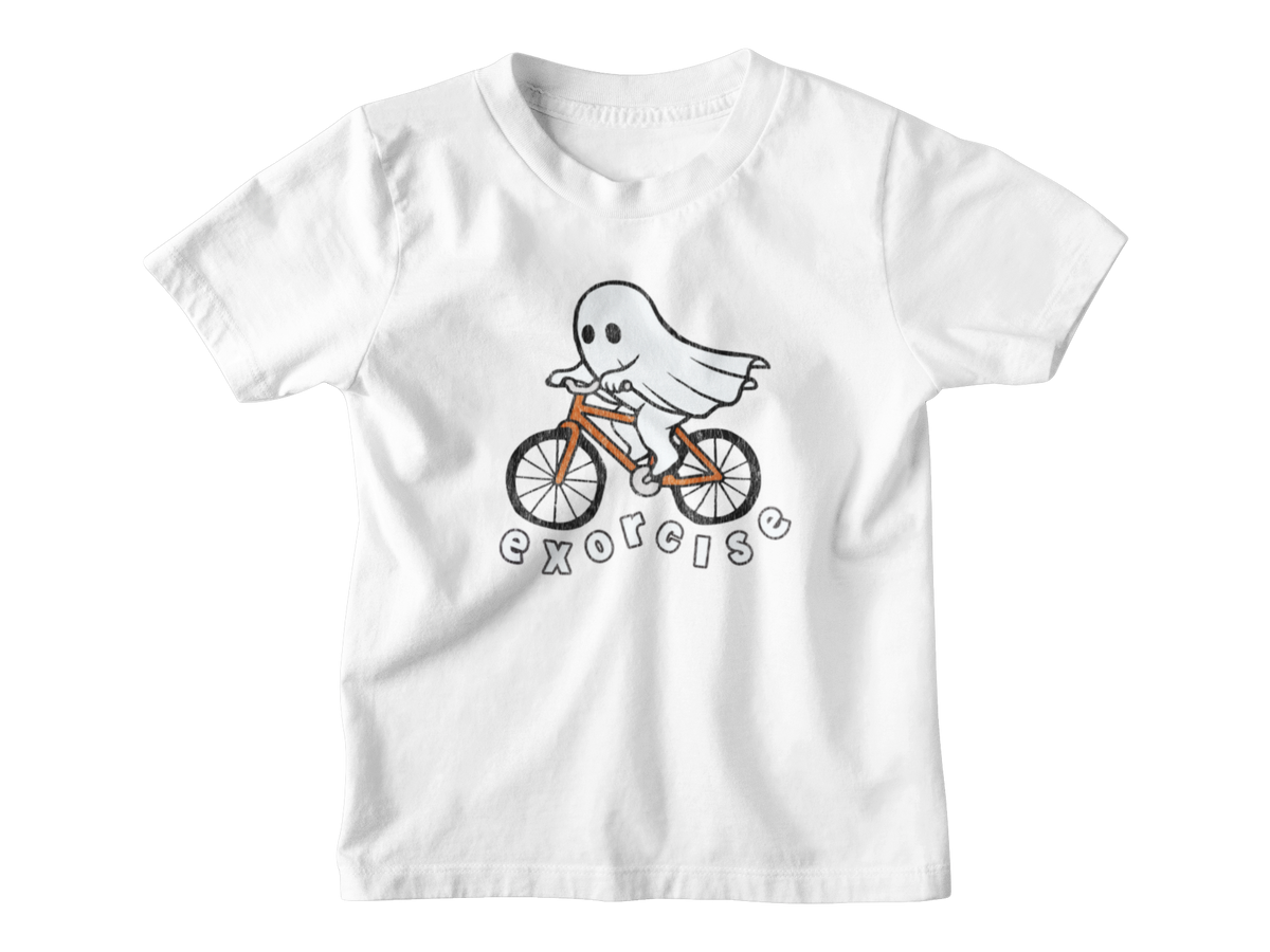A white short-sleeve kids t-shirt Halloween graphic of a white ghost riding an orange bicycle, with the word &