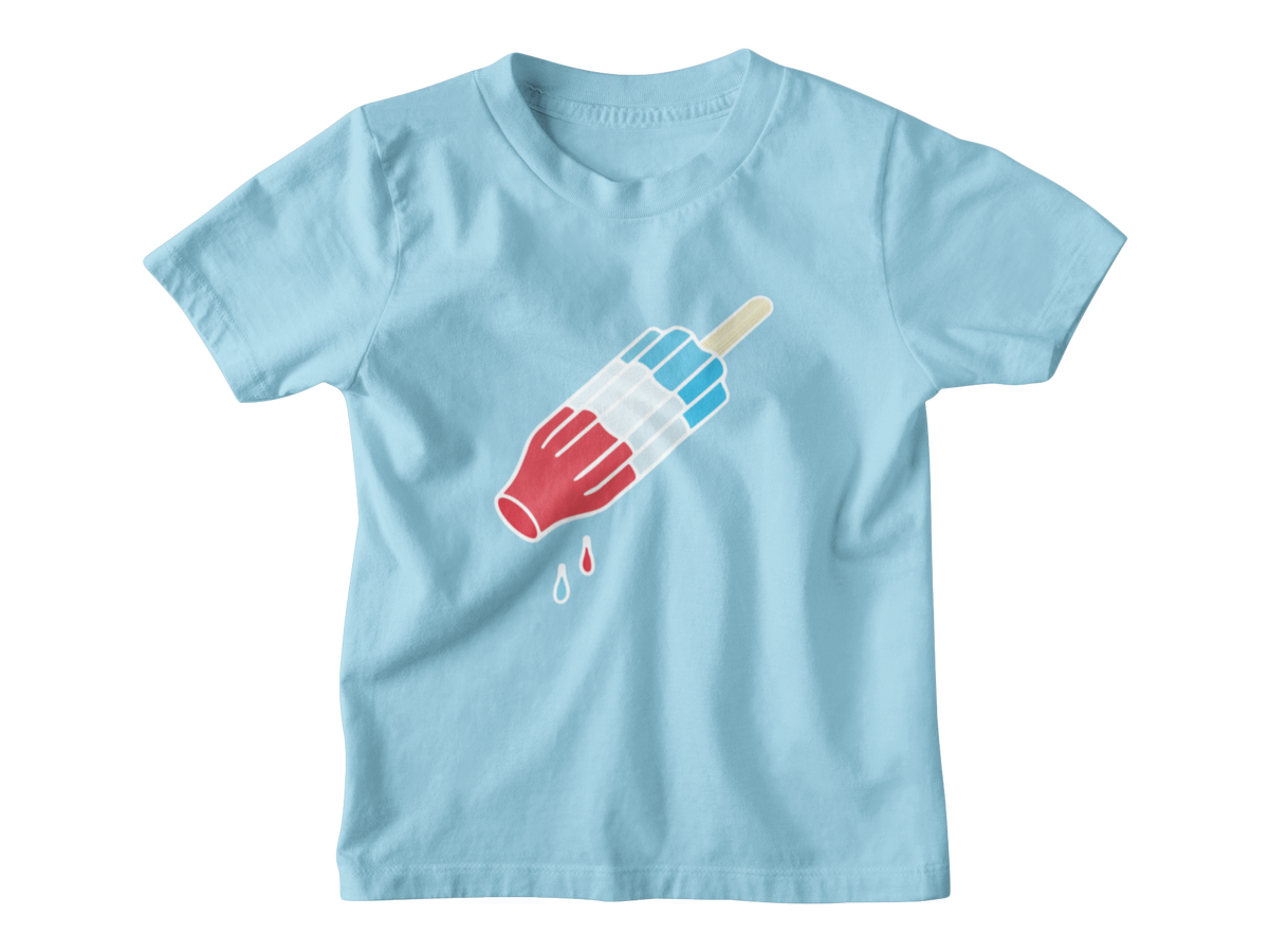 A blue short-sleeve kids crewneck t-shirt featuring a graphic of a rocket popsicle with blue and white stripes for 4th of July.