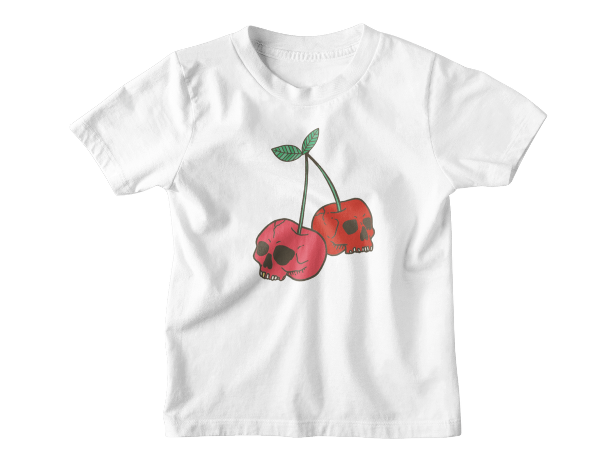 A white short-sleeve kids t-shirt featuring a graphic of two red cherries with skull faces and green stems, displayed on a clean white background.