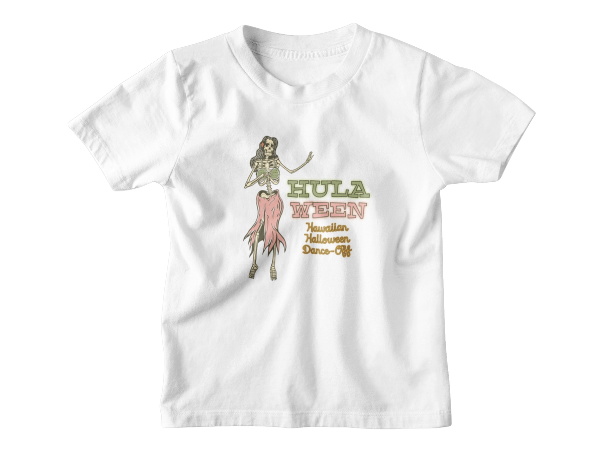 A white short-sleeve kid t-shirt with a graphic on the front showing a hula dancer and the text &