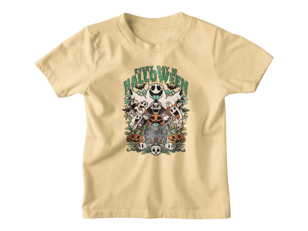A yellow kids short-sleeve t-shirt, featuring a colorful Halloween graphic on the front with skulls, ghosts, pumpkins, and the phrase &