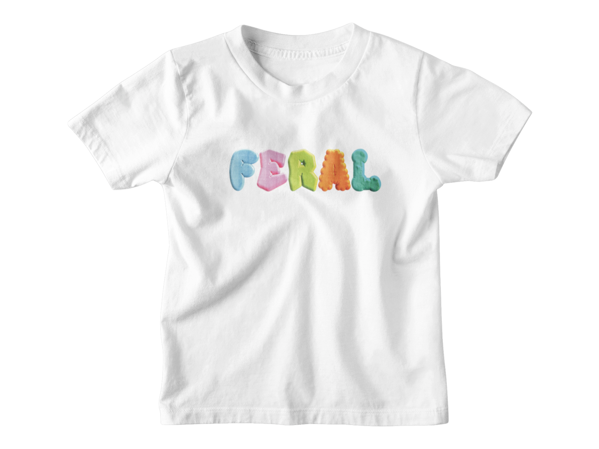 A white short-sleeve kids crewneck t-shirt featuring the word &