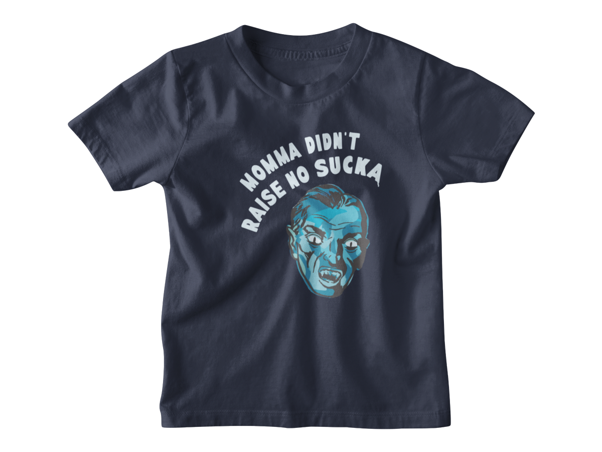 A navy blue short-sleeve Halloween kids t-shirt with a graphic of a vampire and the text &