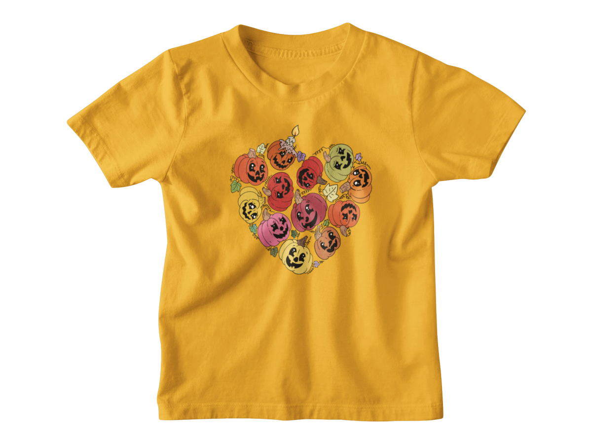 An orange short-sleeve Halloween kids t-shirt with a heart-shaped graphic of smiling jack-o&