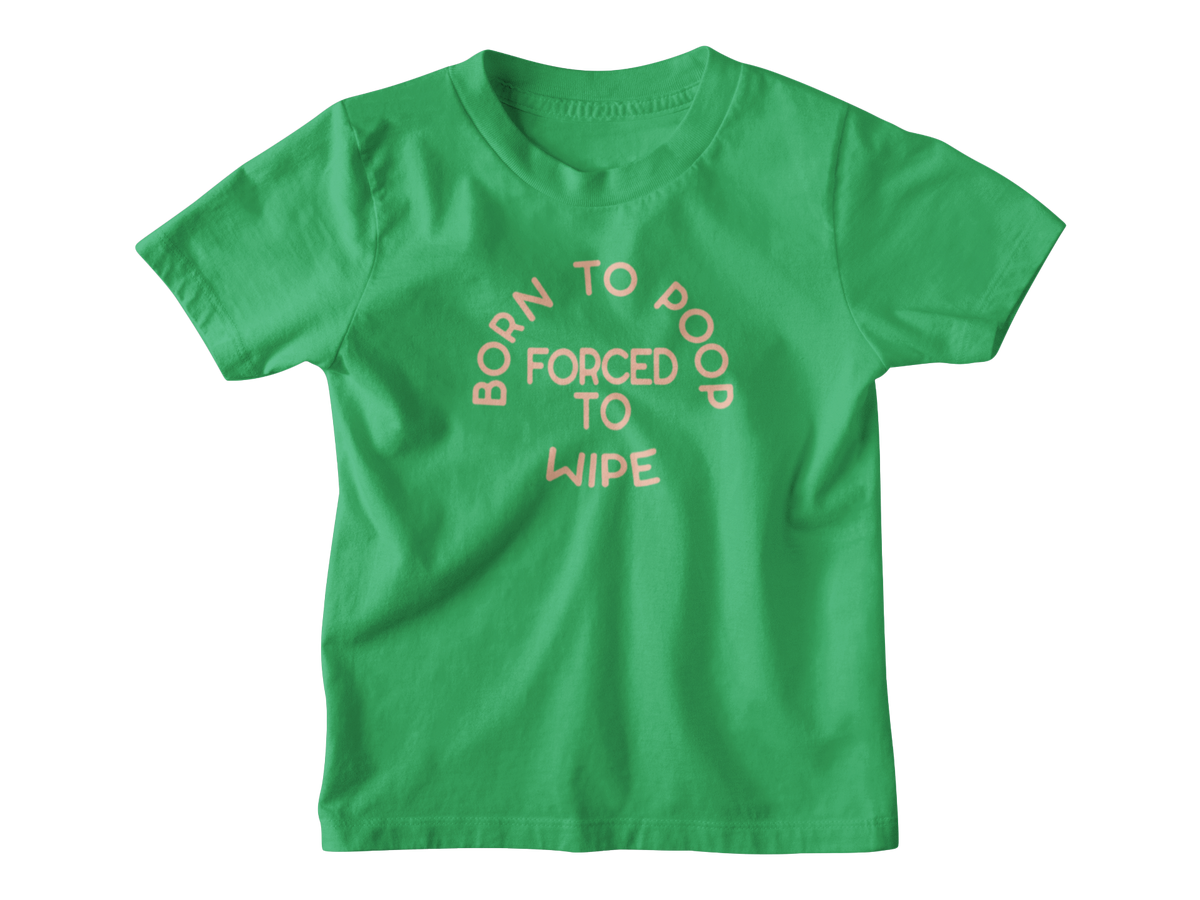 A bright green kids short-sleeve t-shirt with a light pink graphic text on the front that reads &