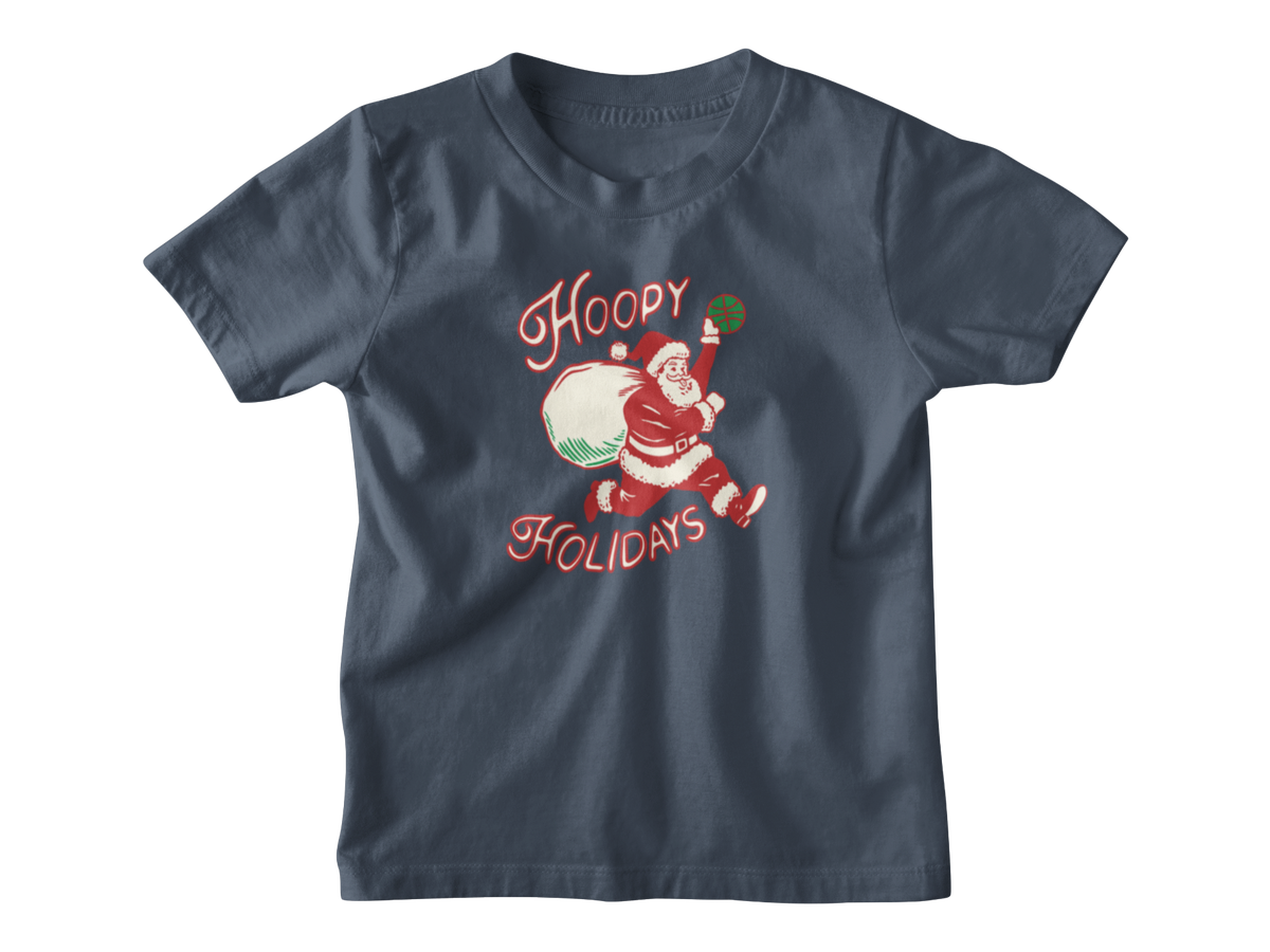 A dark blue short-sleeve t-shirt with a vintage-style Christmas graphic of Santa Claus running while carrying a sack, with the words &