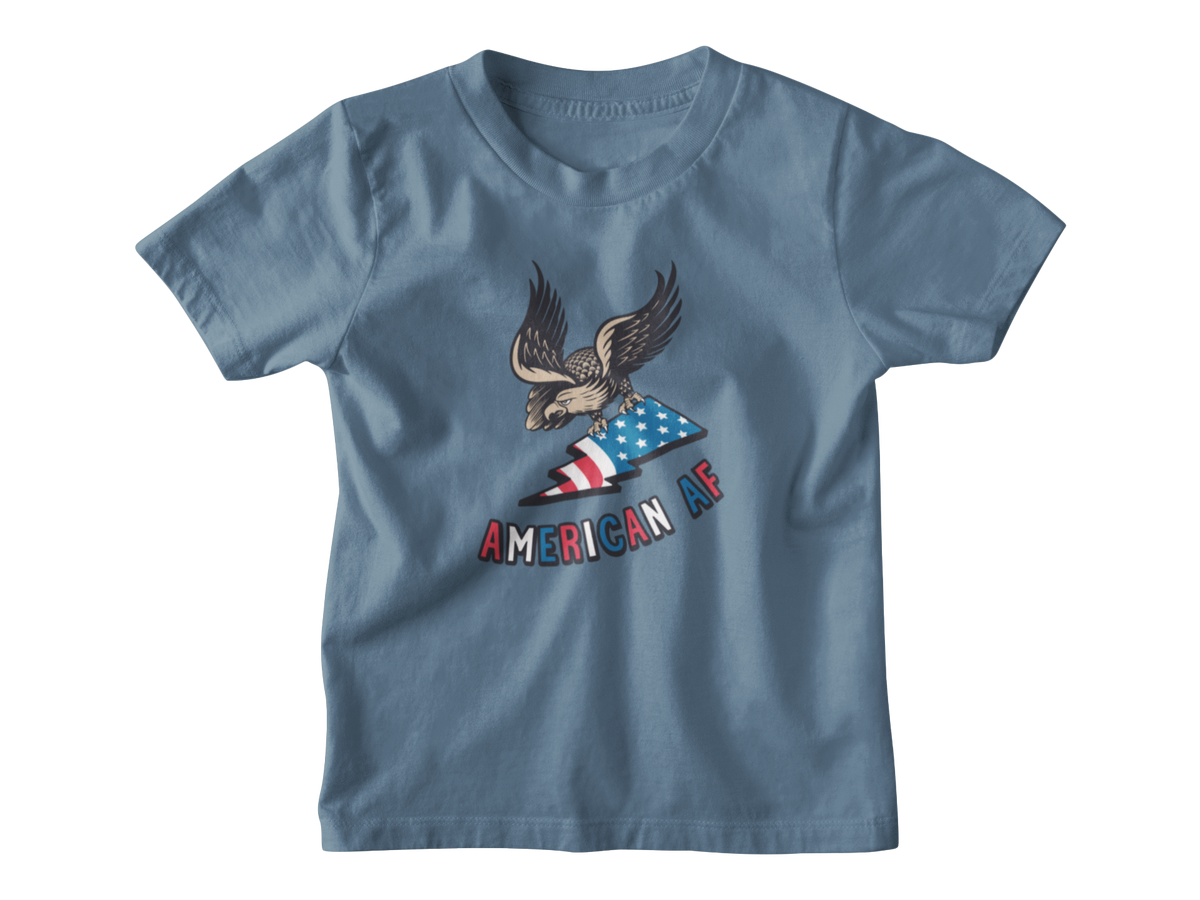 A blue short-sleeve t-shirt with a graphic of an eagle holding an American flag and the text &