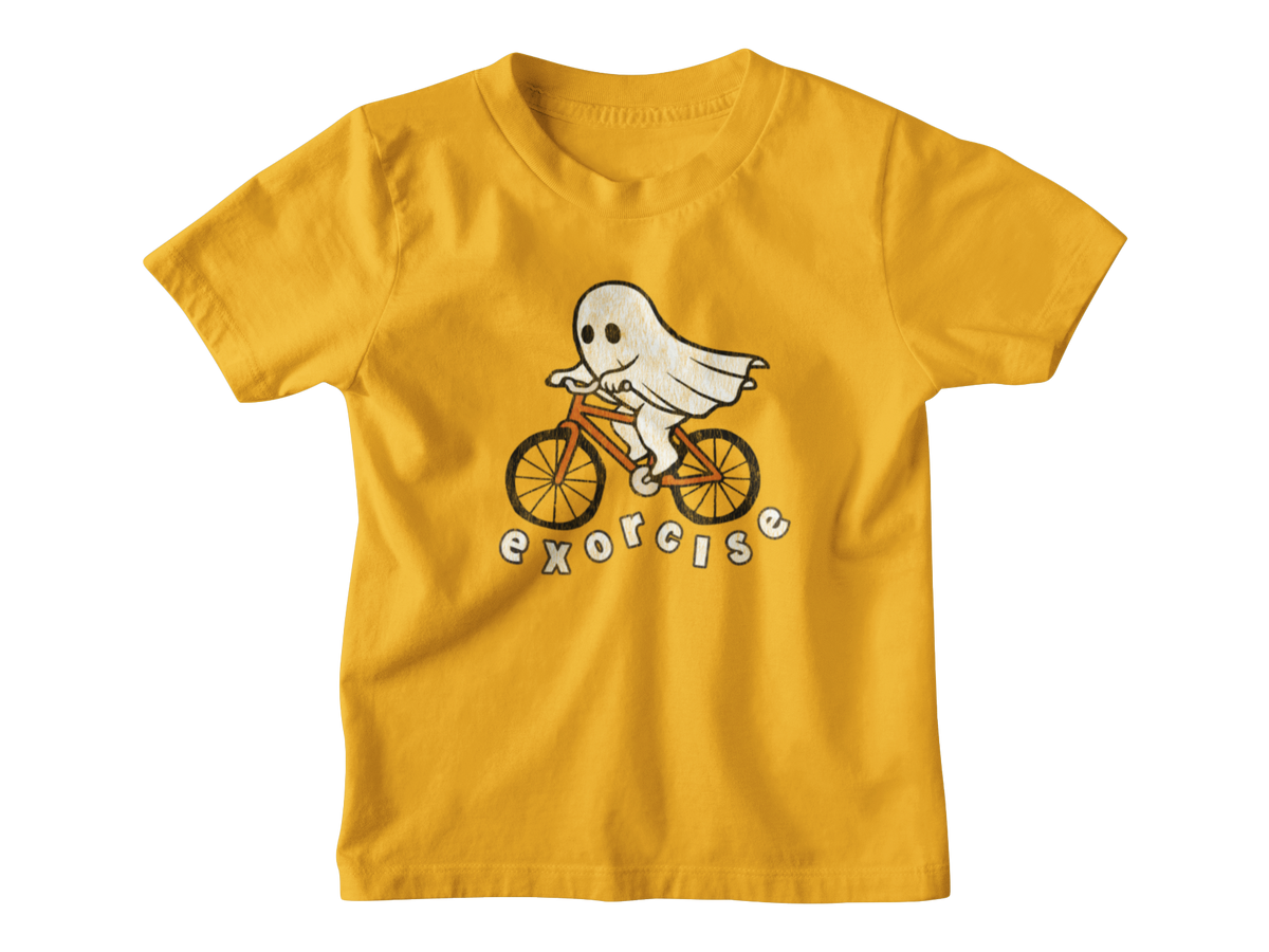 An orange short-sleeve kids t-shirt Halloween graphic of a white ghost riding an orange bicycle, with the word &