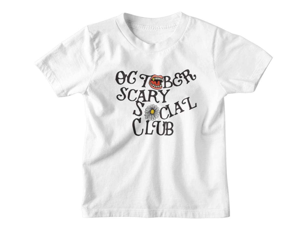 A white kid short-sleeve t-shirt with a graphic on the front that reads &