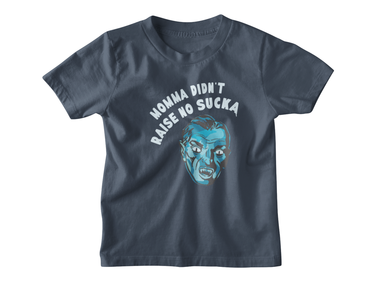 A blue short-sleeve Halloween kids t-shirt with a graphic of a vampire and the text &