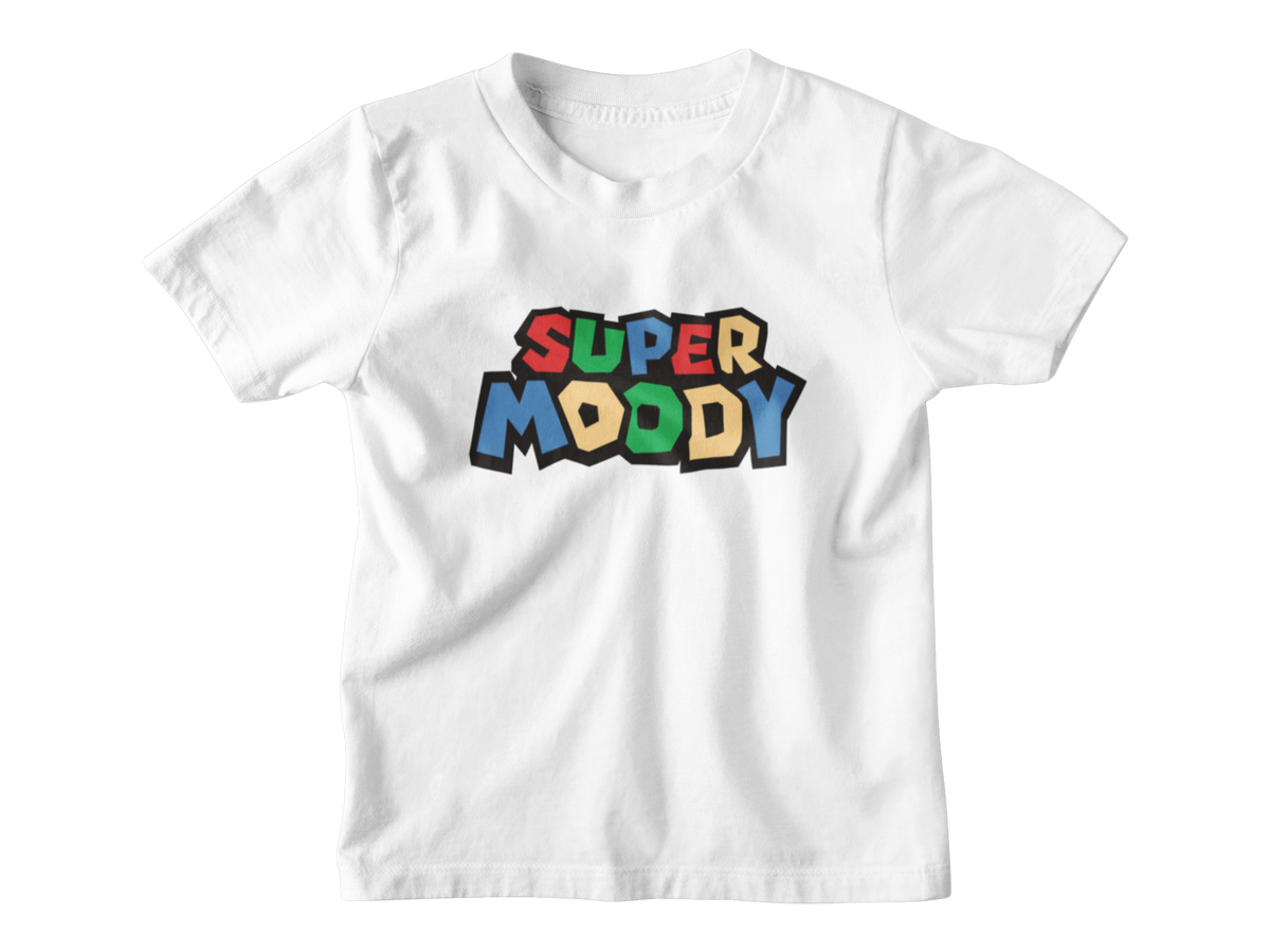 A white kids short-sleeve t-shirt with a colorful graphic on the chest that reads &