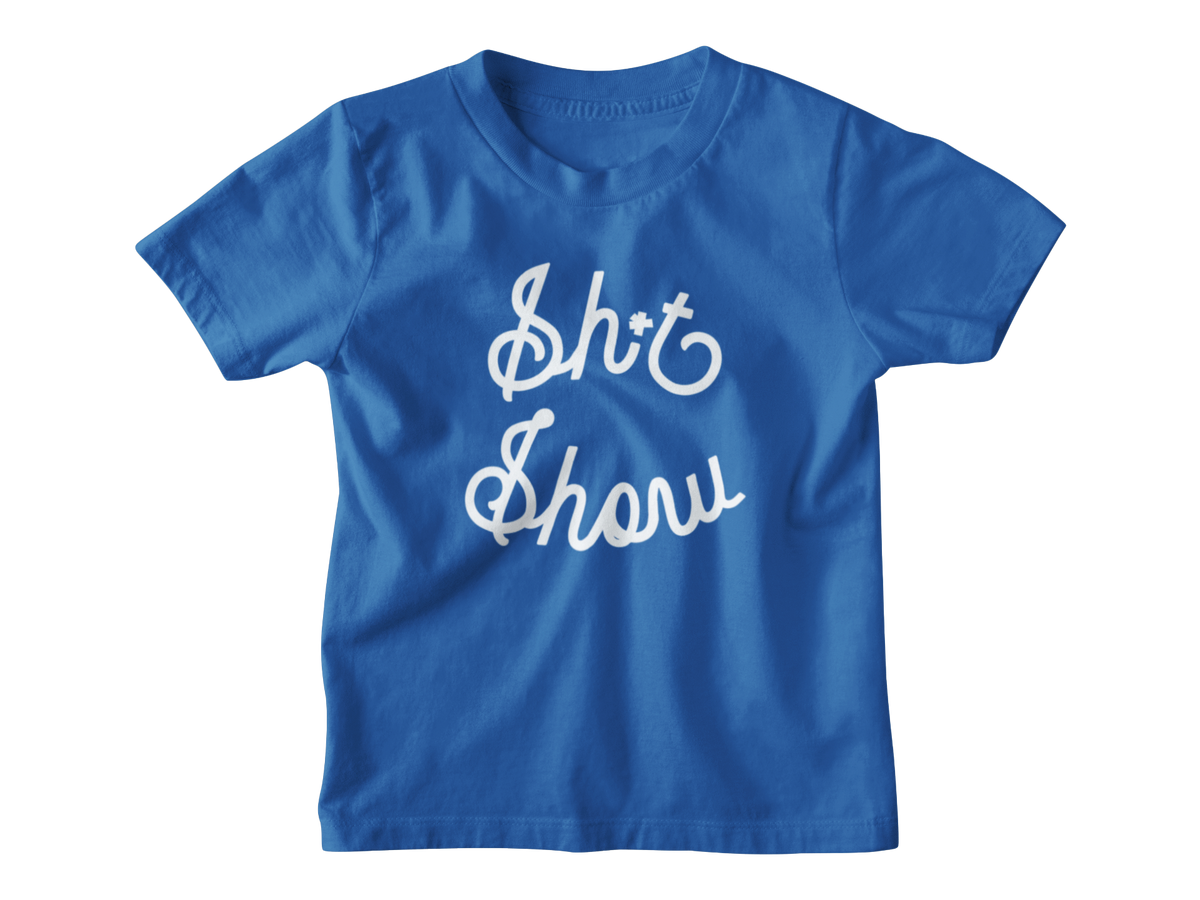 A blue short-sleeve kids t-shirt with the phrase &