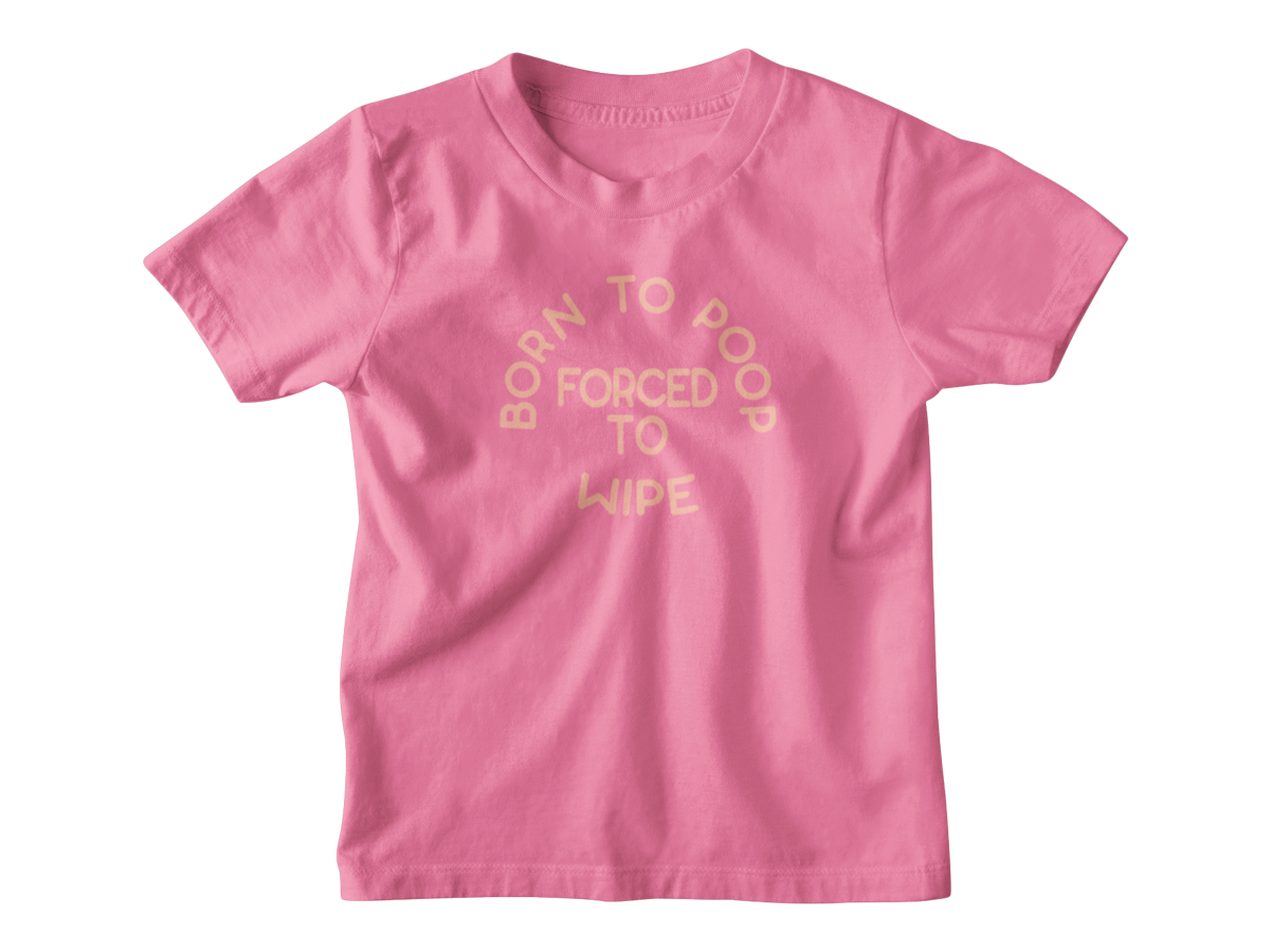A pink kids short-sleeve t-shirt with a pink graphic text print on the front reading &