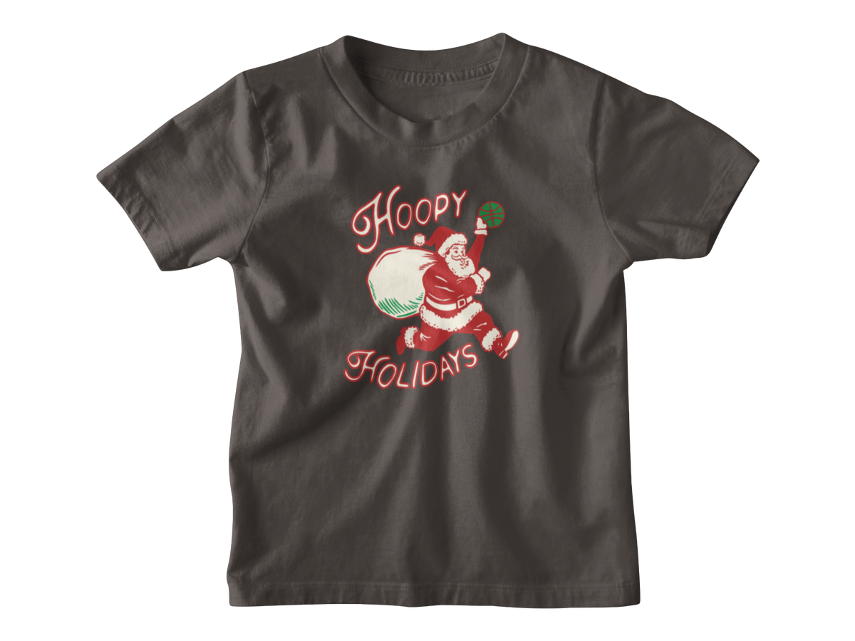 A dark brown short-sleeve t-shirt with a vintage-style Christmas graphic of Santa Claus running while carrying a sack, with the words &