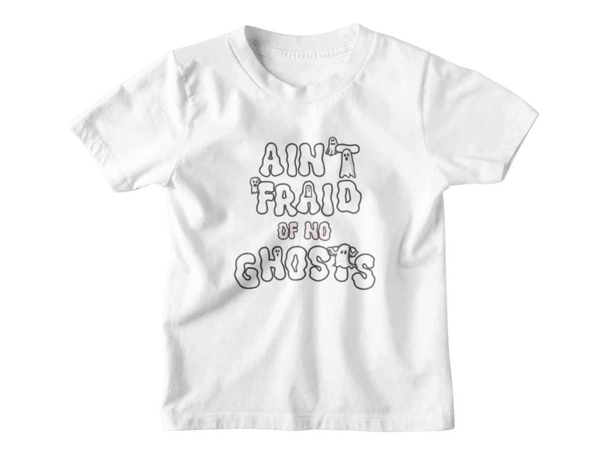 A white short-sleeve kid t-shirt with a white graphic Halloween text print that reads &