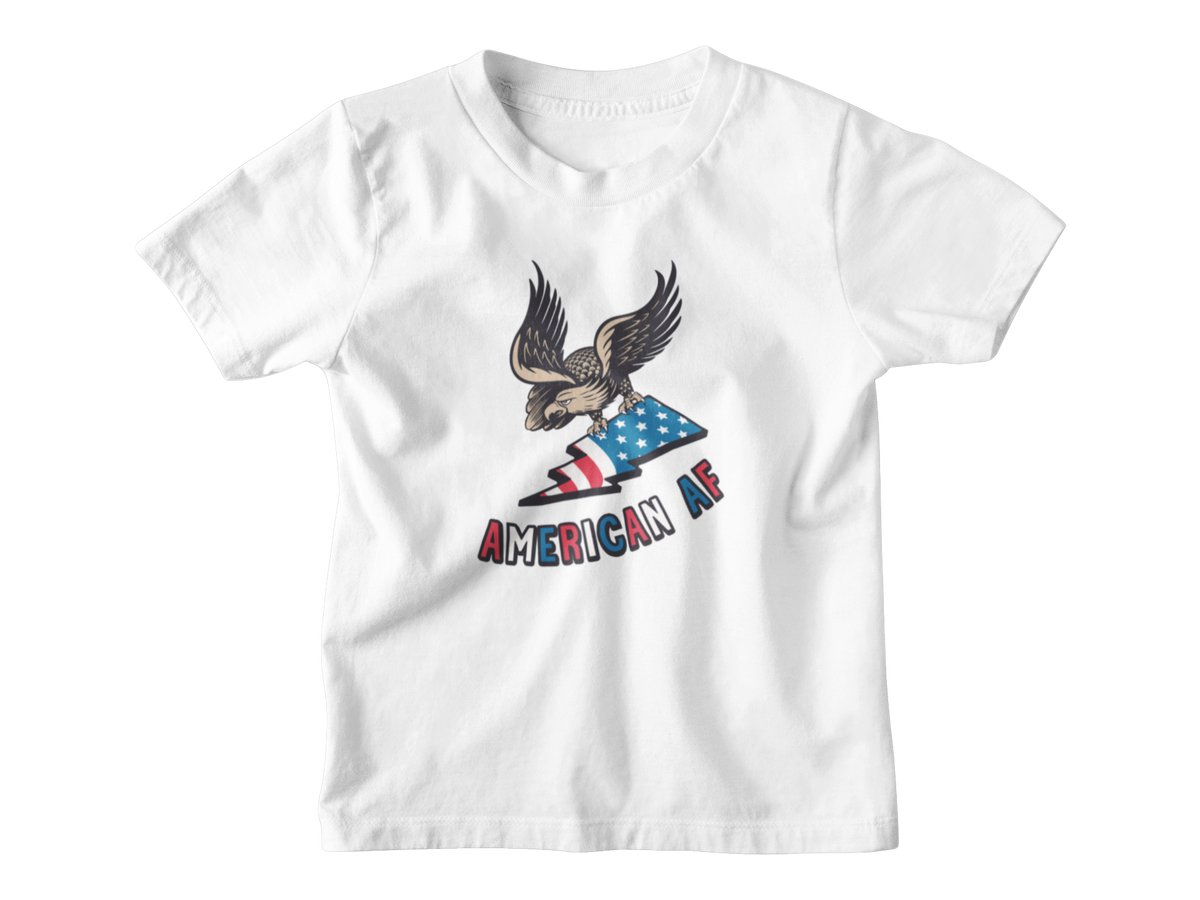 A white short-sleeve t-shirt with a graphic of an eagle holding an American flag and the text &