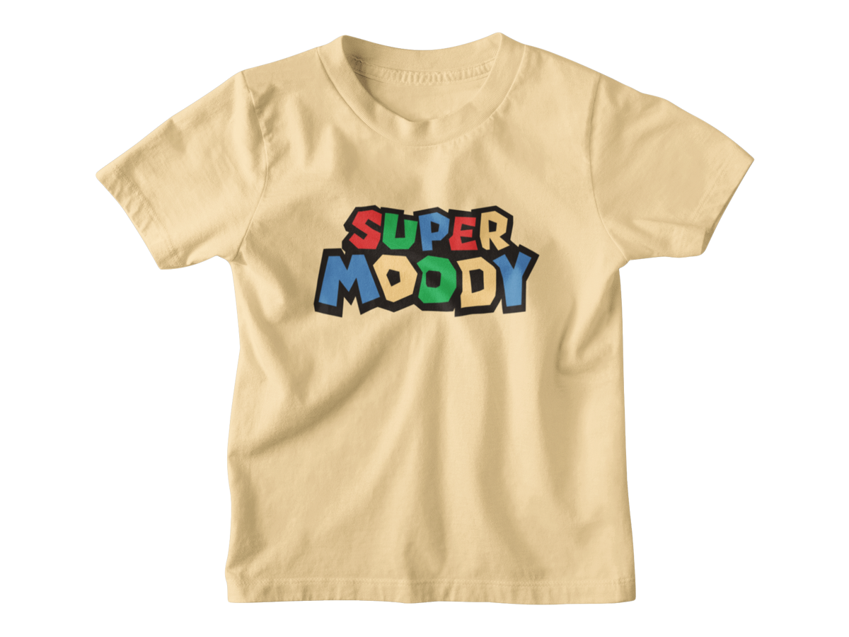 A light yellow short-sleeve kids t-shirt with a colorful graphic on the chest that reads &