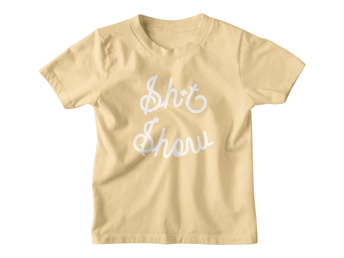 A light yellow short-sleeve kids t-shirt with the phrase &