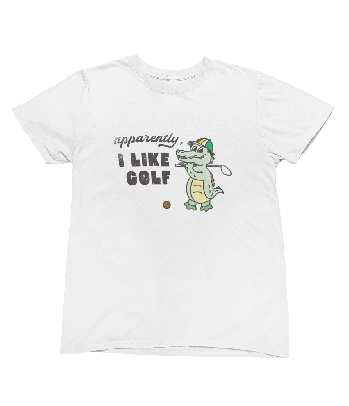 A white short-sleeve toddler t-shirt with a cartoon alligator holding a golf club, next to the text &